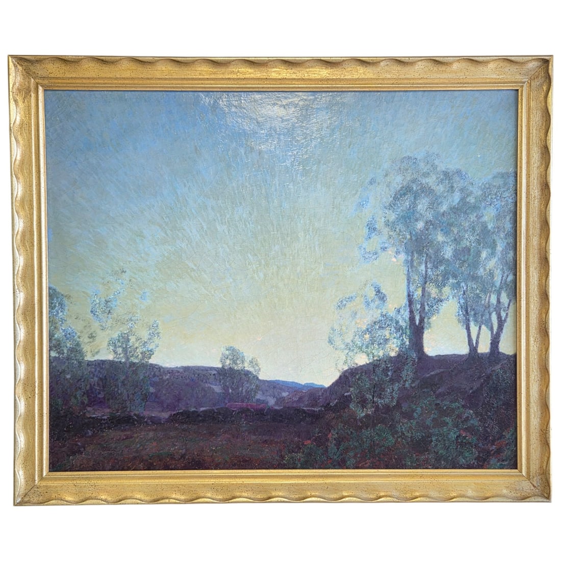 L. MAZZANOVICH TONALIST LANDSCAPE OIL PAINTING: Artist: Mazzanovich, Lawrence. Landscape oil painting on canvas. Sight size: 32" H x 40"W. Outside size: 44" x 37". Brushed silver frame with wave pattern on outside lip measuring 2 3/4". Slight