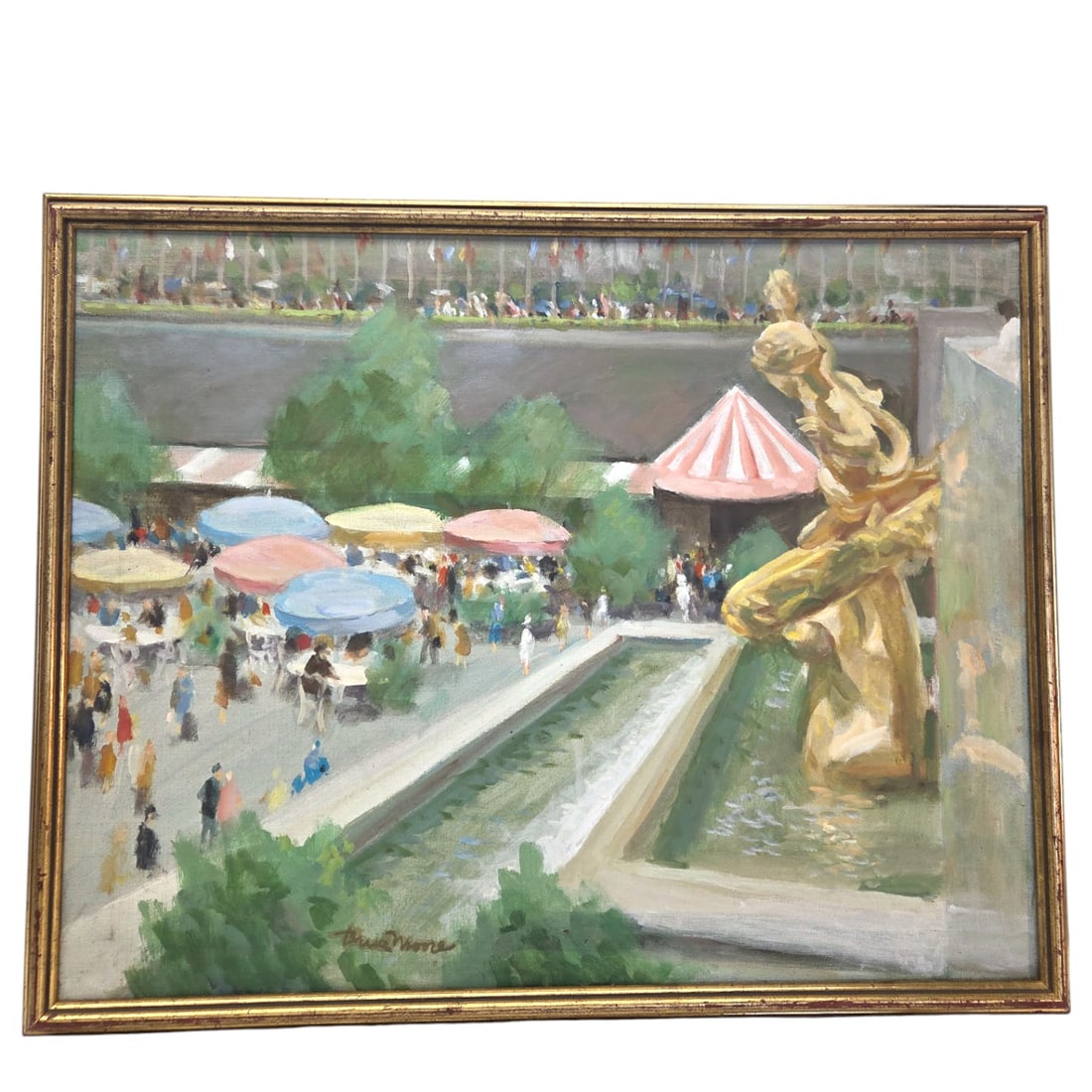 "GOLDEN STATUE" PAINTING BY BRUCE MOORE: "Golden Statue" painting on canvas by artist Bruce Moore. Site size: 21.75" H x 27.5" W. Antique .5"-1" gold frame with red undertones. Wear on face of frame due to age. Signed on front and verso. See
