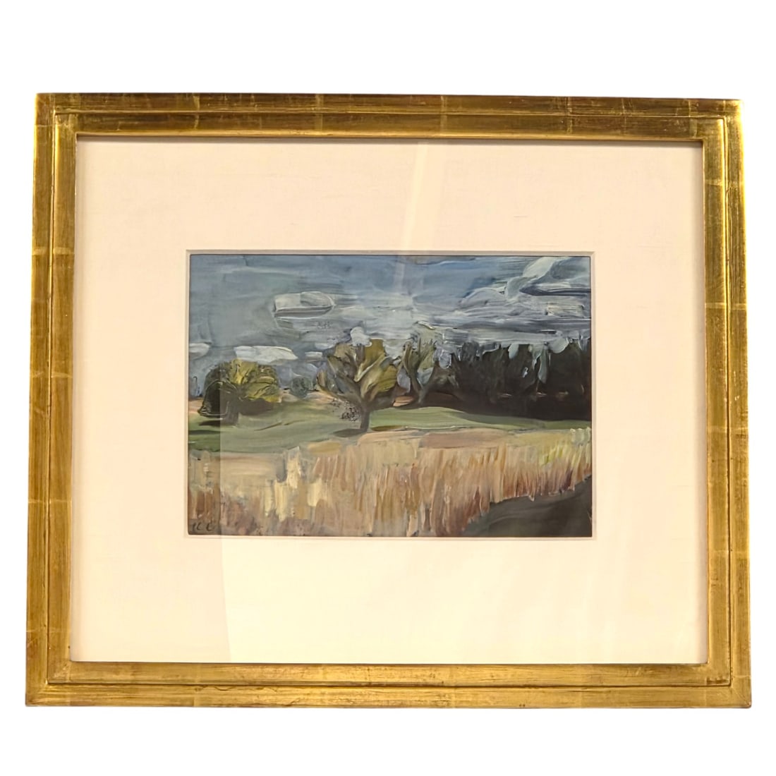 "CAMAS COUNTRYSIDE" PAINTING BY KELLEY COOPER: "Camas Countryside" by Kelly Copper. 2000 Oil on Paper. Site size: 7" H x 10" Outside size 15.5" H x 18"W x 1" D. Was not examined out of frame. View images closely. Framed with 3 inch 8 ply silk fabr