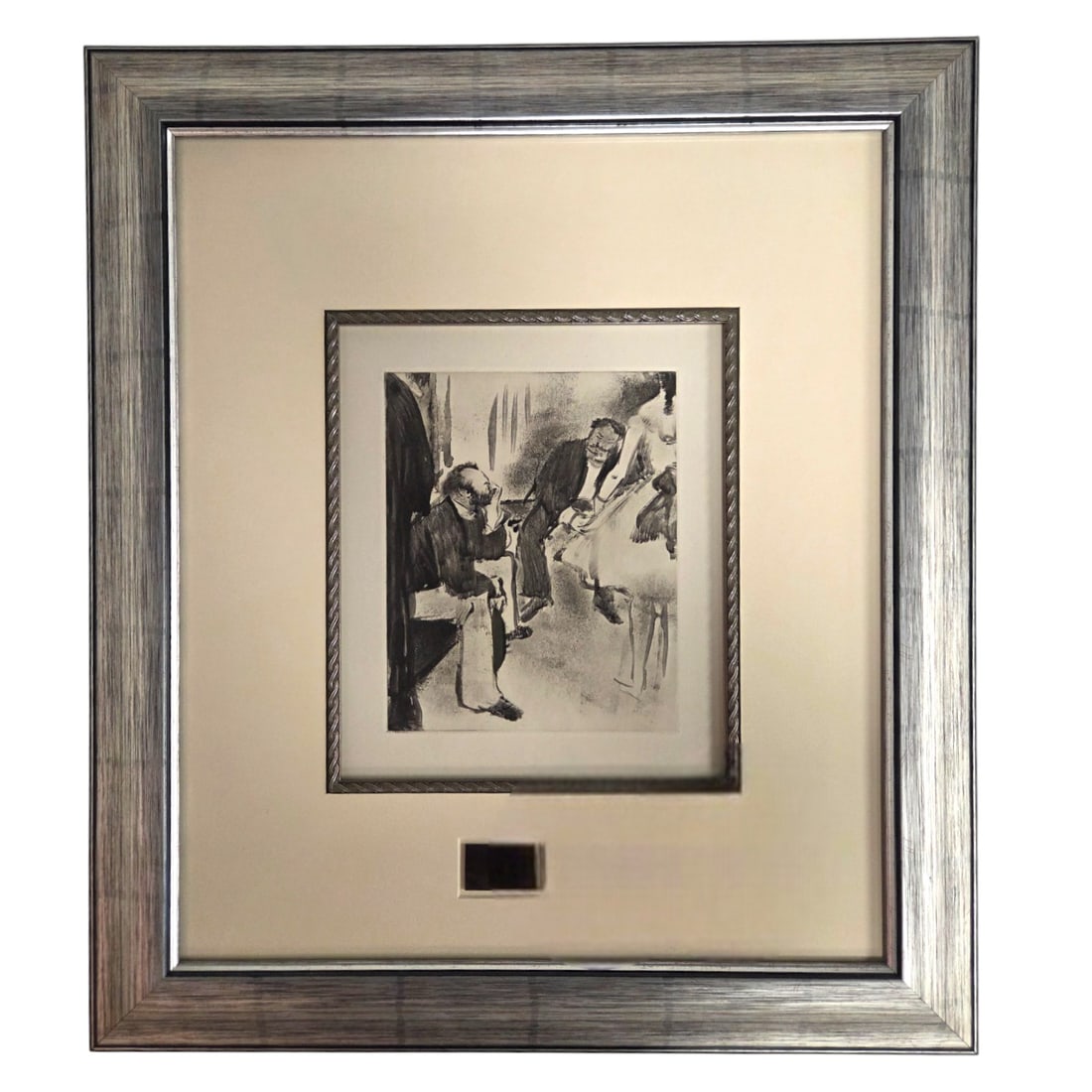 SEATED MAN & DANCER L.E. ETCHING AFTER DEGAS: Seated Man and Dancer. L.E. 251/350 Etching on paper after Degas' La Famile Cardinal page 111. Published by Blaizot. Site size: 12.75" H x 9.75"W. Single 3" rag mat with 1/2" decorative silver fillet