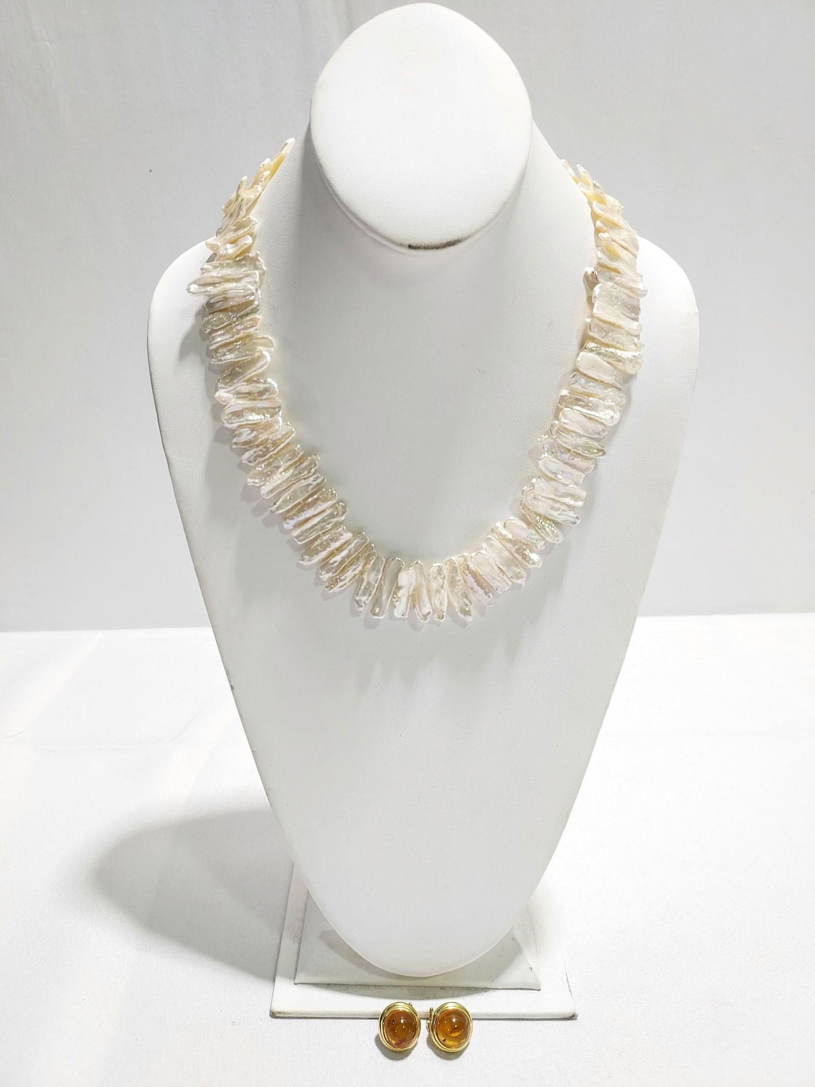 BIWA PEARL & 14k YG STRAND & PR 18K YG EARRINGS: Biwa pearl and 14k gold strand necklace and pair 18k earrings: Biwa stick pearl strand with 14k yellow gold modern decorative box clasp with additional safety clasp. Clasp is stamped 14k and engraved