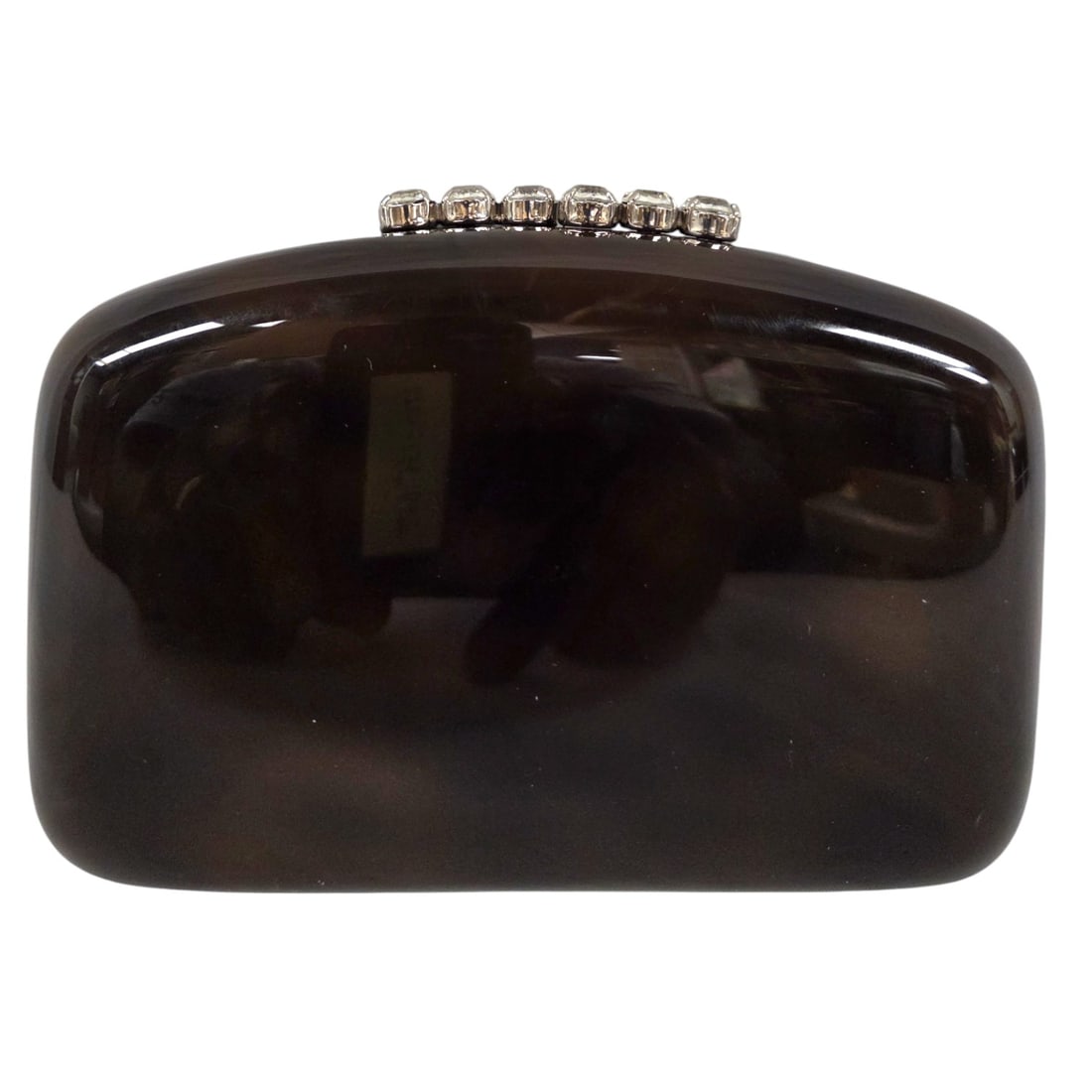 FRANDAMI ACRYLIC HANDBAG w/ SWAROVSKI CRYSTALS: Chocolate brown lucite or acrylic handbag with Swarovski crystal clasp and embellishments. There's a silver tone chain strap that can easily be removed allowing it to be carried as a clutch, cross bod