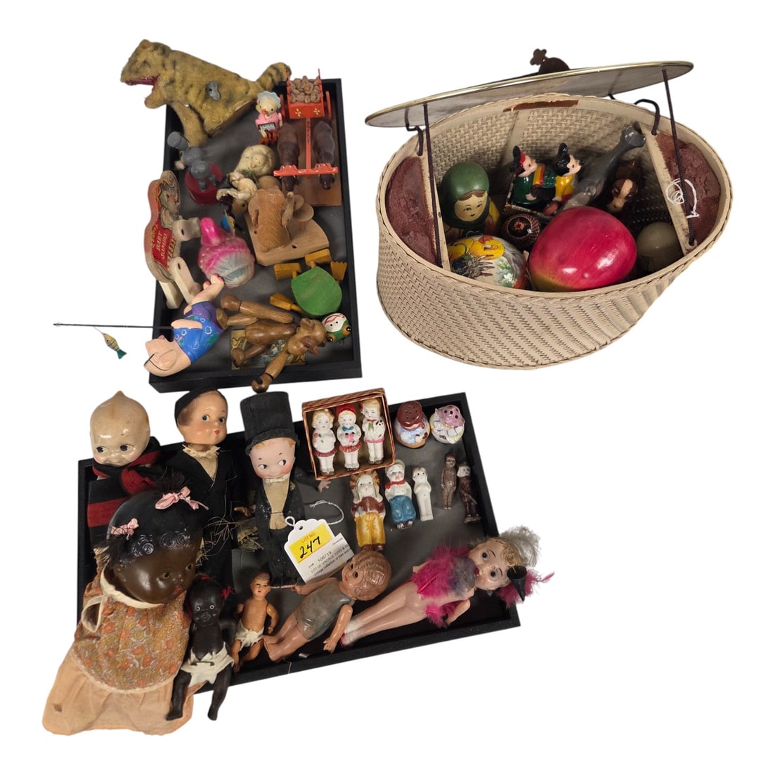 LOT OF VINTAGE TOYS & DOLLS- APPRX. 40 PCS: Vintage collection of toys and dolls. Including miniature pull toy Mickey and Minnie. Disney pull toy dogs, two sets of lithograph blocks, African American baby doll (as is rubber connector is disinte