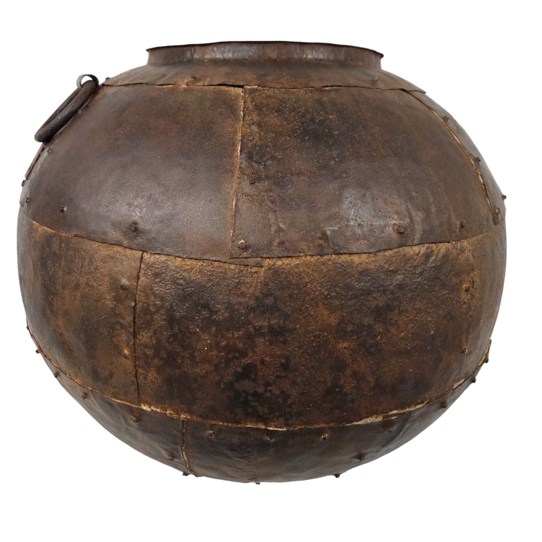 VERY LARGE INDUSTRIAL STYLE IRON POT PLANTER: Industrial style iron pot planter with riveted patchwork construction and large handle rings on the each side. Rustic finish. Measures 22" H x 26"W. SHIPPING NOTE: Live Auctioneers offers a very conve
