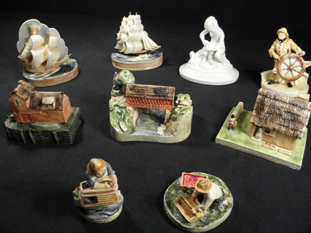 NINE SEBASTIAN MINIATURES HAND PAINTED CERAMIC FIGURES: Lot of nine Sebastian Miniatures hand painted ceramic figures designed by Prescott W. Baston, Marblehead, Mass. Includes "Massachusetts Society for the Prevention of Cruelty to Animals", "The Old Cove