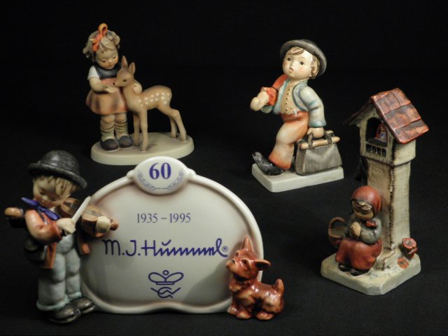 FOUR HUMMEL PORCELAIN FIGURINES: FRIENDS, WORSHIP TM1, : Lot of four Hummel porcelain figurines. Includes "Friends", mould #136/1, tmk 5; "Worship", mould #84/0, tmk 1 crown mark; "Merry Wanderer", mould #11/0, tmk 3; and "1935-1995 MJ Hummel" sign, mould #