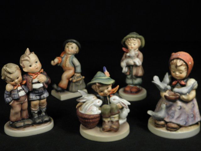 FIVE HUMMEL PORCELAIN FIGURINES: CINDERELLA, PLAYMATES,: Lot of five Hummel porcelain figurines. Includes "Playmates" mould #56/0, trademark 3 stylized bee; "Max and Moritz", mould #123, trademark 4 three line mark; "Merry Wanderer", mould 112/0, trademark