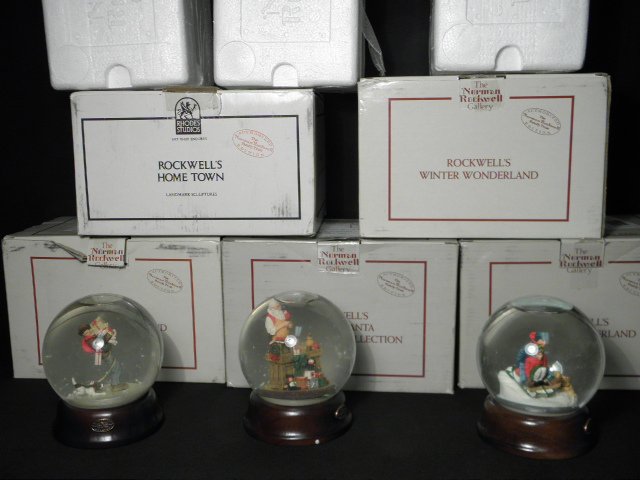 FIVE NORMAN ROCKWELL GALLERY COLLECTABLES: WINTER WONDE: Lot of five pieces from the Norman Rockwell Gallery. Includes three from the Rockwell's Winter Wonderland collection: "Young at Heart", "Downhill Dash", and "All Wrapped Up". Also includes "Santa's Wo
