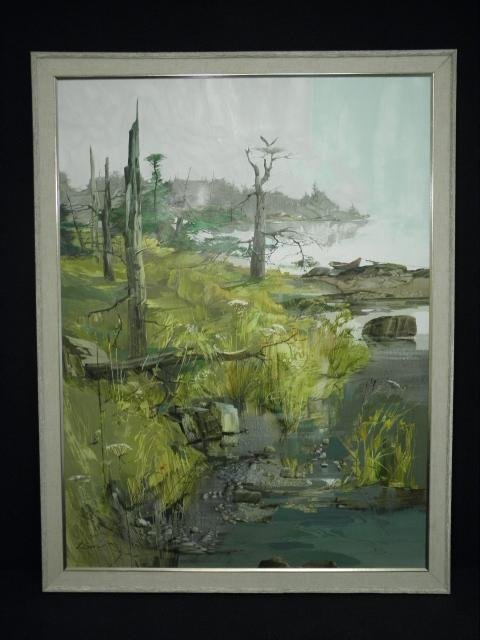 LAURENCE PHILIP SISSON OIL ON MASONITE PAINTING: Laurence Philip Sisson (American, b.1928), oil on masonite painting depicting a Florida Everglades landscape. Signed "L. Sisson" lower left, and framed in a whitewashed distressed finish wood frame. C