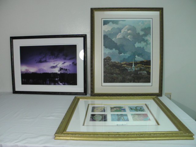 THREE PIECES ASSORTED ARTWORK: PHOTOGRAPH, DISNEY CEL, : Lot of three pieces of assorted artwork. Includes a limited edition Brian Call framed photograph of lightning, a "Sloane" signed and framed lithograph, and a Fairy Tale Moments "Sleeping Beauty 1959" 