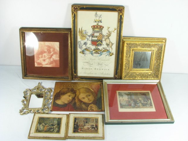 ASSORTED WALL DECORATIVES: HAND COLORED, ETC. 8 PCS: Lot of assorted wall decoratives. Includes a cast gilt-metal Italian style framed mirror, a hand colored and framed coat of arms display, two small Italian framed plaque prints, a medium sized gilt pr