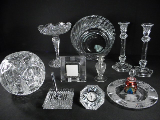 ASSORTED CONTINENTAL GLASSWARE: WATERFORD, ETC. 11 PCS: Eleven pieces of assorted continental cut crystal and glass. Includes a three piece Waterford crystal desk set (clock, frame, pen rest), a large Brilliant cut compote with controlled bubble stem, a sp