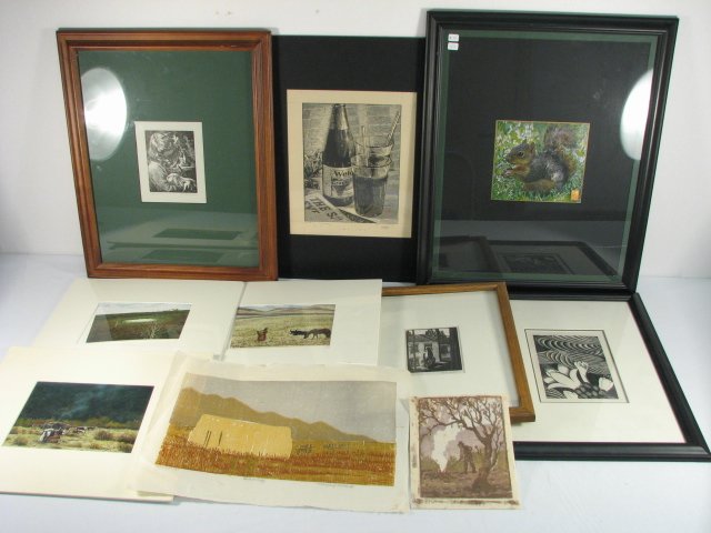 ASSORTED ARTWORK: MINIATURE PAINTINGS, ETC. 10 PCS: Lot of ten pieces of assorted artwork. Includes an artist proof serigraph copy of "Ranchitos" by Viblock, an unknown serigraph dated 1968, (3) miniature oil paintings signed "Wang", a Washington woodc