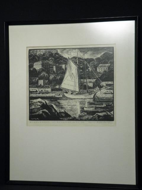CARROLL THAYER BERRY WOODBLOCK: "WINDJAMMER IN ROCKPORT: Carroll Thayer Berry woodblock print titled "Windjammer in Rockport, Maine". Hand signed in pencil in lower right margin "Carroll Thayer Berry mp". Framed, matted, and under glass in a black lacquer f