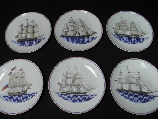 SIX MOTTAHEDEH NAUTICAL THEMED PORCELAIN PLATES: Lot of six Mottahedeh nautical themed porcelain plates. All from the "Our Maritime Heritage" collection by the "National Maritime Museum". Condition: good, see images for details. Each plate measures 