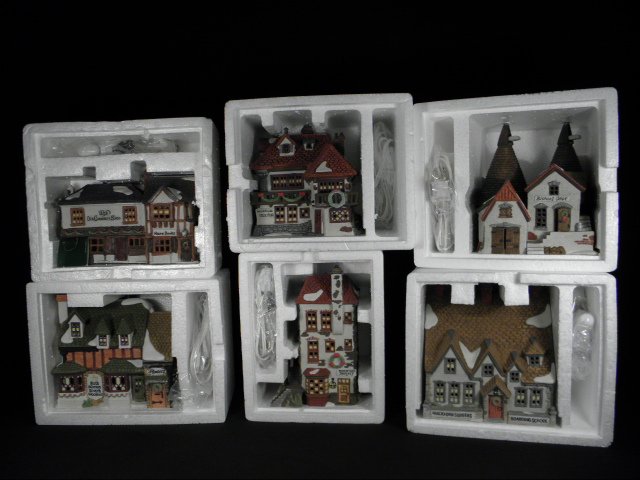 SIX HAND PAINTED PORCELAIN "DICKENS' VILLAGE" HOUSES: Lot of six hand painted porcelain miniature houses By the Heritage Village Collection, and from the "Dickens' Village" series. Includes "Old Curiosity Shop", "Wackford Squeers Boarding School", "C.H. 