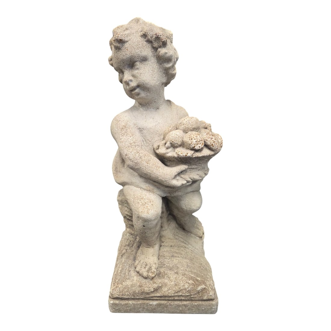 NEOCLASSICAL PUTTI CAST CONCRETE SCULPTURE: Neoclassical cast stone or concrete garden sculpture of Putti holding a basket of fruit symbolizing Autumn or Summer. Measures 24 H x 9 W x 9 D. Good condition. See photos. Heavy item, weighs 71 Lbs.