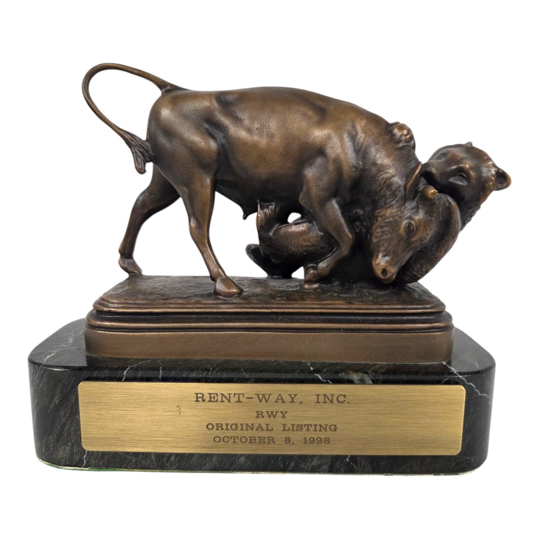 BULL & BEAR BRONZE SCULPTURE AFTER BONHEUR: A bronze sculpture after Isidore Bonheur depicting a fighting bull and bear on a polished green marble base. Relief text on the back of the bronze base, From the original by Isidore Bonheur at the New