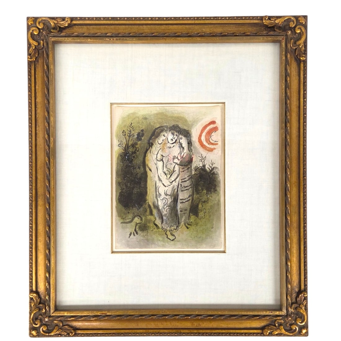 "NAOMI AND HER DAUGHTERS- IN-LAW" LITHOGRAPH BY MARC CHAGALL: Naomi and her Daughters- in-Law 1960 color lithograph by Marc Chagall. From the portfolio titled Drawings for the Bible published by Teriade in Paris and printed by Mourlot, catalogue reference number