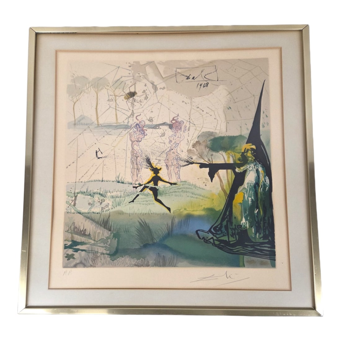 "DAMIS' DELEMMA" A.P. COLOR LITHOGRAPH BY DALI: Salvador Dali ( Spanish, b.1904, d.1989) Damis Dilemma from the Marquis de Sade suite 1968, A. P. color lithograph on Arches wove paper. Pencil signature lower right. Image size 21 H x 16.75 W. Outsid
