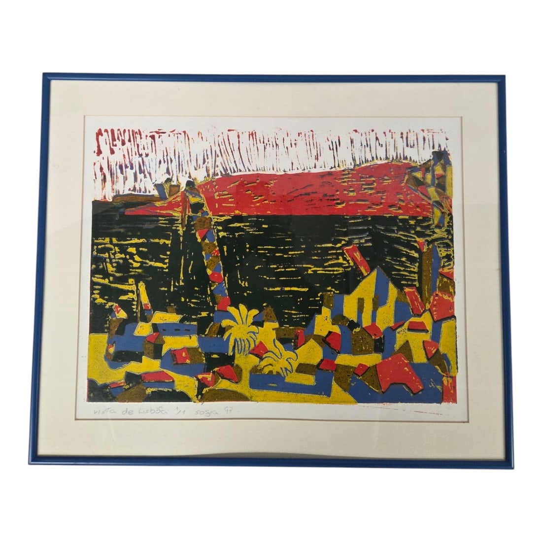 "VISTA DE LISBOA" PRINT 1997: Vista De Lisboa 1997, print 1/1. Artist signature appears to be Sogia . Image size 12.5 H x 16 W. Outside size 17 H x 21 W. Single rag mat under glass with .25 blue metal frame. Art was not examined o