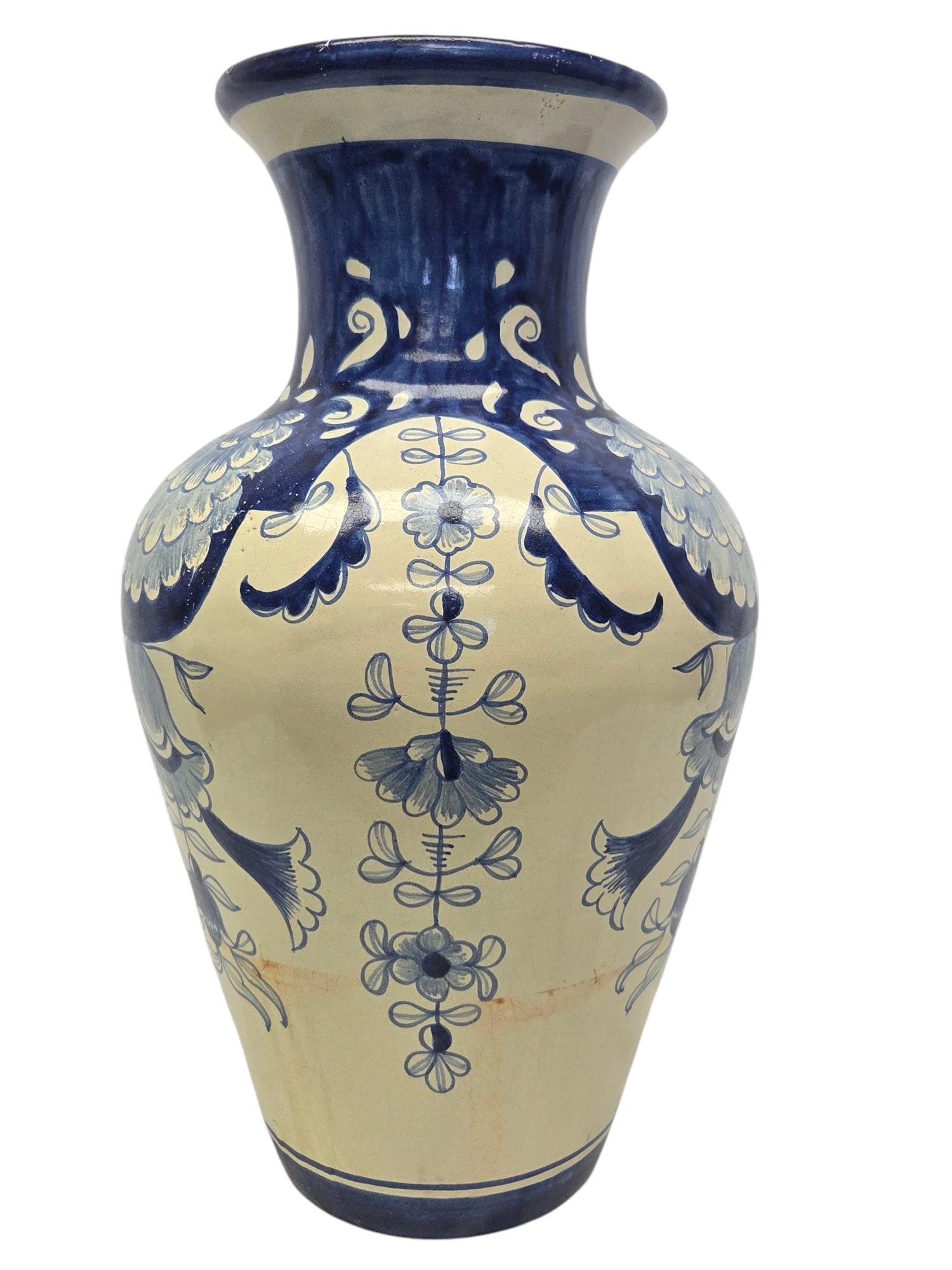 HAND PAINTED TALAVERA BLUE/WHT FLORAL VASE SIGNED (1 of 9)