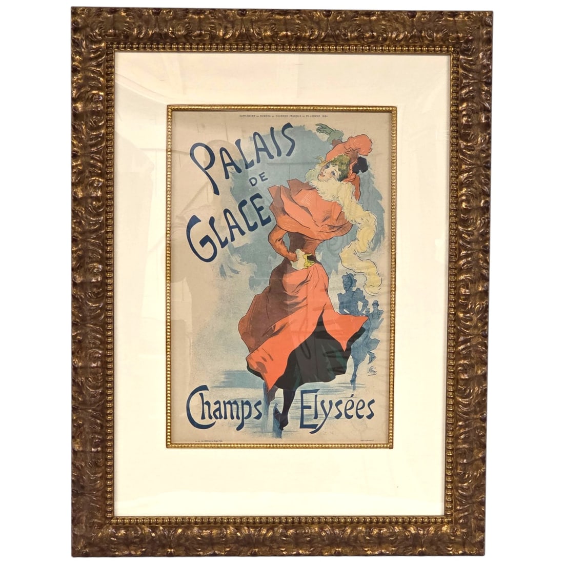 VINTAGE "PALAIS DE GLACE" LITHOGRAPH BY JULES CHERET: Vintage Palais de Glance Lithograph poster print by French Artist Jules Cheret (1836-1932). This Lithograph advertises an Ice skating rink located on the Champs-Elysees in Paris. Image size 20 H x