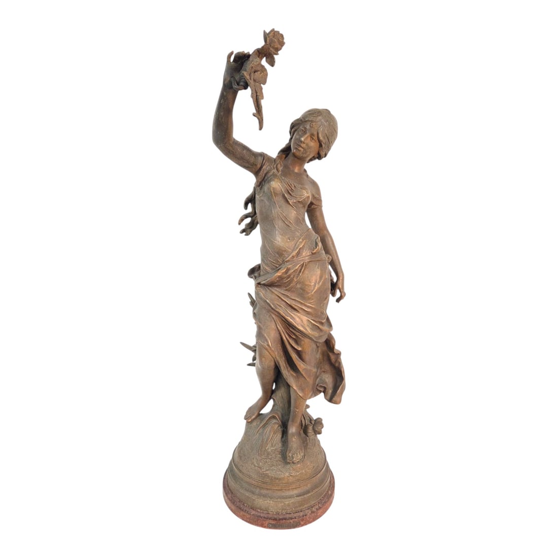 "lIBELLULE" WHITE METAL PATINATED SCULPTURE OF WOMAN W/ROSE: Patinated white metal with bronze finish Libellule statue, previously a lamp. This piece features an allegorical, graceful young woman standing in a swirling posture lifting her arm, holding flower, w