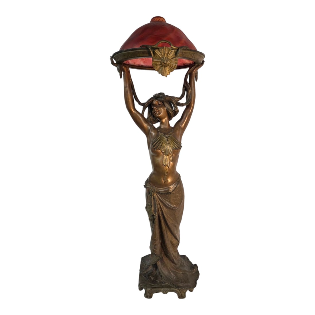 ART NOUVEAU SOLAIRE FIGURAL LAMP BY LUCIEN ALLIOT: Art Nouveau figural lamp titled Solaire designed by French sculpture Lucien Charles Edouard Alliot. Patinated white metal with bronze finish, and dark pink/redish (with dark blue swirl) art glass shad