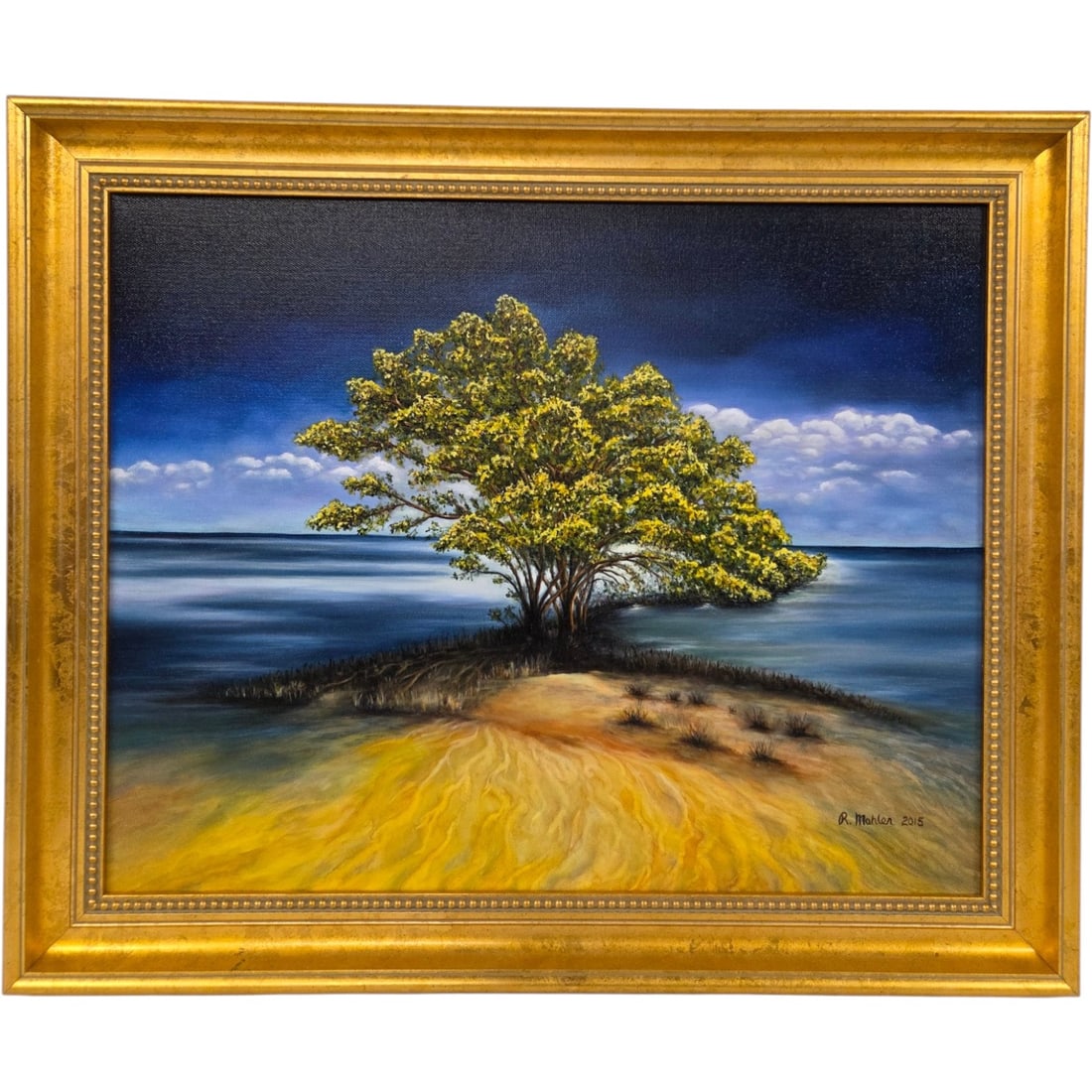 "LONE MANGROVE" PAINTING ON CANVAS BY R. MAHLER: Lone Mangrove painting on canvas by Rolf Mahler, 2015. Measures 16 H x 20 W. Outside size 20 H x 23.25 W. Traditional 2 gold tone frame with beaded inside lip. Good condition. Art was not examined