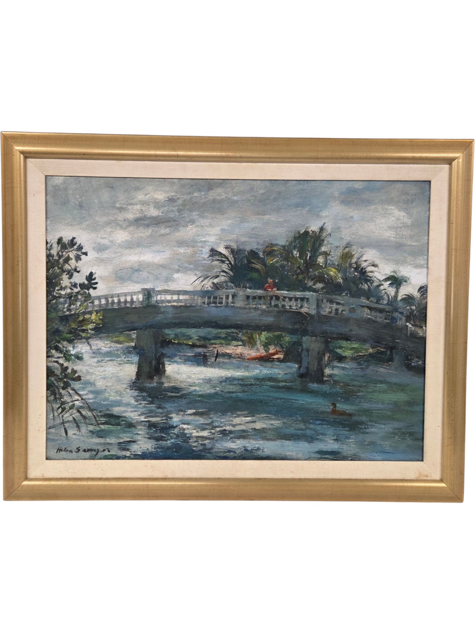 "FISHING BRIDGE" PAINTING ON PANEL BY HELEN SAWYER: Fishing Bridge painting on panel board by Helen Alton Sawyer (American, b.1900, d.1999.) Sawyer was known for her landscapes, circus genre, and still life images. Signature lower left. Panel Size 20