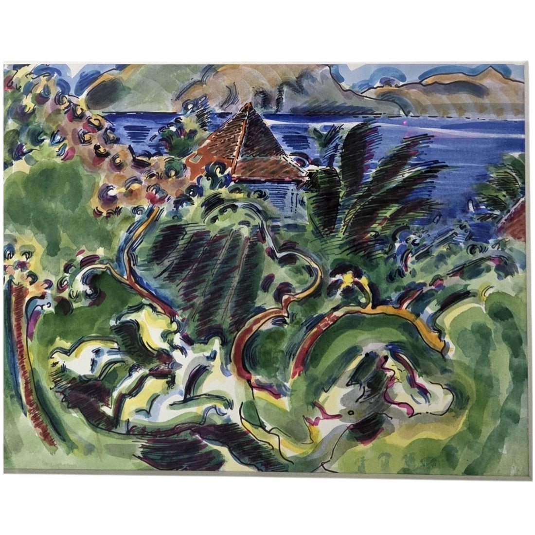 2 WATERCOLORS BY JUDITH COXE: Lot consists of 2 Watercolors by Judith Coxe. 1. Colorful Vertical Image measures 12 H x 7 W. Outside size measures 21 H x16.5 W. 2. House with Water View measures 11 H x 14 W. Outside size 20 H x 23