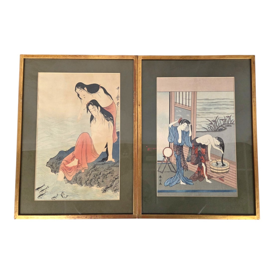 SET OF 2 ASIAN WOODBLOCK PRINT REPRODUCTIONS: Two Asian wood block print reproductions from well known artists. 1. Abalone Divers by Kitagawa Utamaro. Depicting two female free divers resting on rocks. Image size 15.25 H x 10 W. Outside size 20 H
