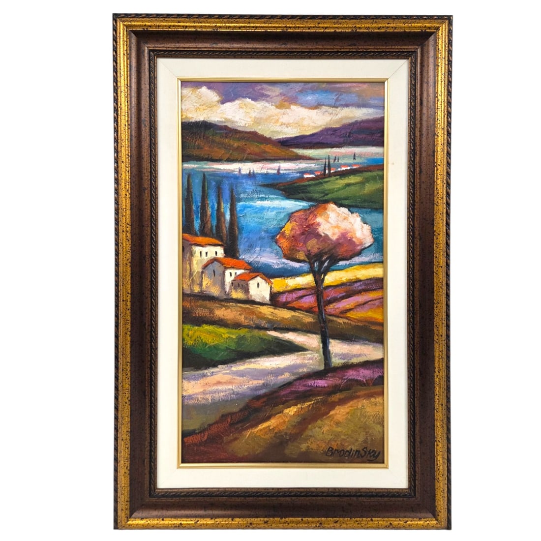 MORNING SAIL OIL ON CANVAS BY SLAVA BRODINSKY: Morning Sail 2011 oil painting on canvas by Slava Brodinsky (Russisn, b. 1955). Signed lower right. Image size 16 H x 13 W. Outside size 40 H x 25.5 W. Linen 1.5 Liner with .25 gold tone fillet and