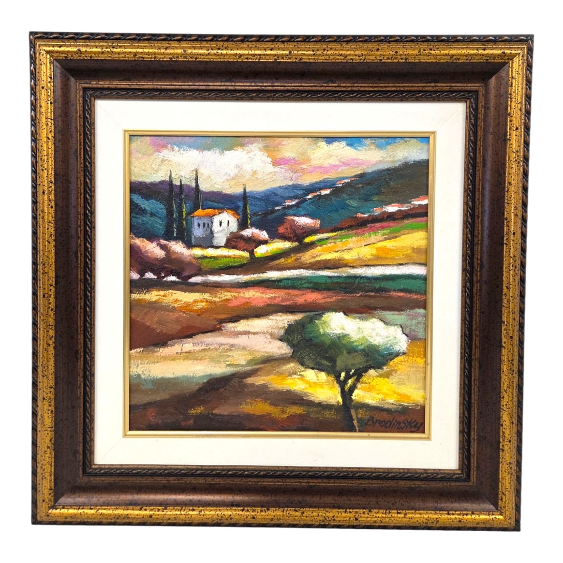 MOUNTAIN RETREAT OIL ON CANVAS BY S. BRODINSKY: Mountain Retreat 2011. Oil on canvas painting by Slava Brodinsky (Russian, b. 1955). Signed lower right. Image size 15 3/4 H x 15 7/8 W. Outside size 26 H x 25.5 W x 3 D. Linen 1.5 liner with .25 gold