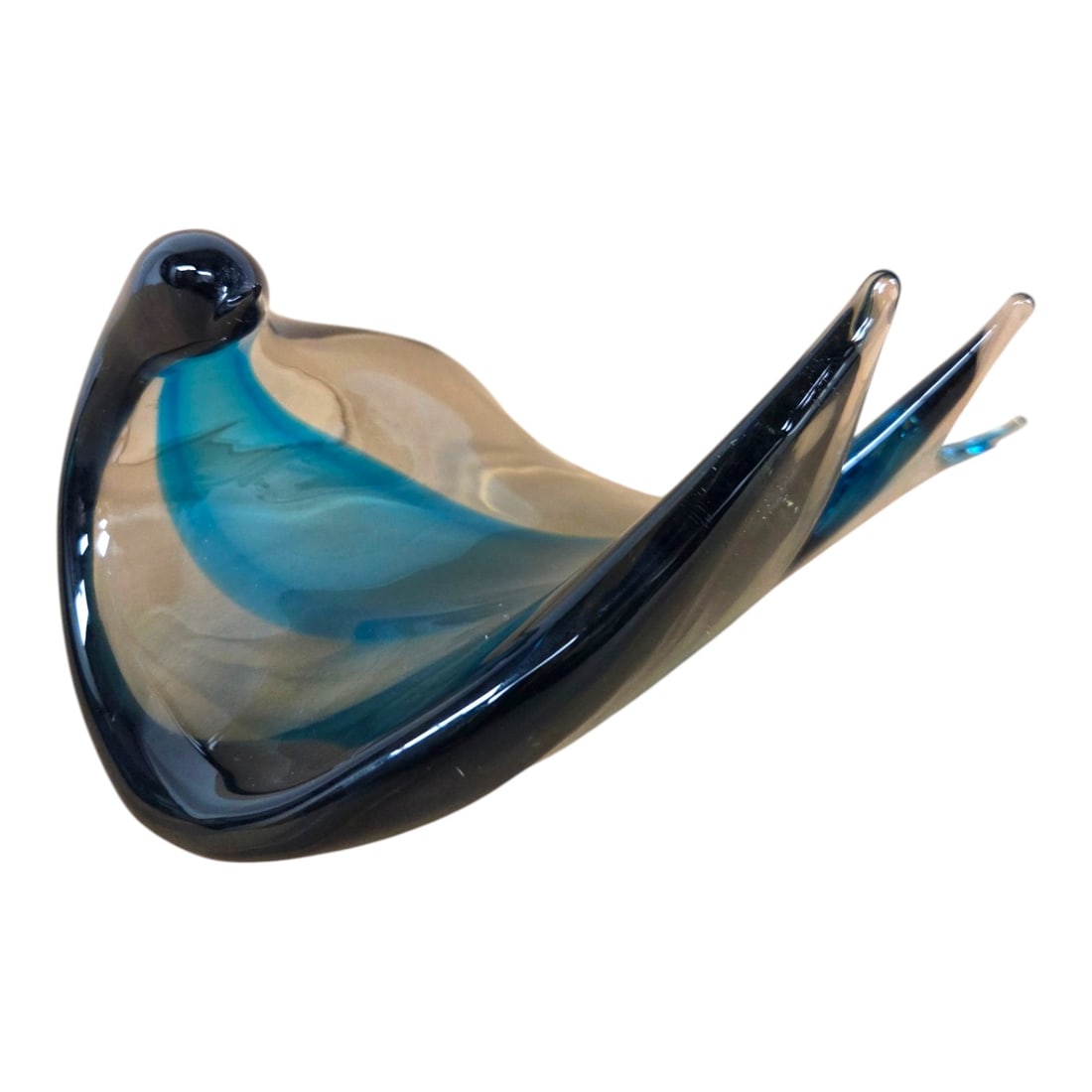 VINTAGE MURANO/ STUDIO ART GLASS BIRD CANDY DISH: Vintage Murano/Studio Art Glass Candy Dish. Mid-century modern style featuring a blend of clear and blue tone glass in an organic bird- like form. No signatures. Measures 5 H x 9 W x 7 D. Good