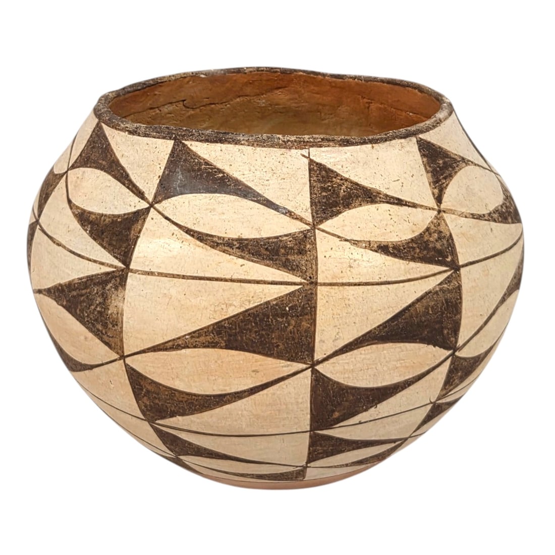 ACOMA PUEBLO POTTERY POT: Acoma Pueblo pottery pot featuring a brown geometric pattern on a cream colored background, and thin wall construction. These are historically hand-coiled and smoothed using natural tools rather than 