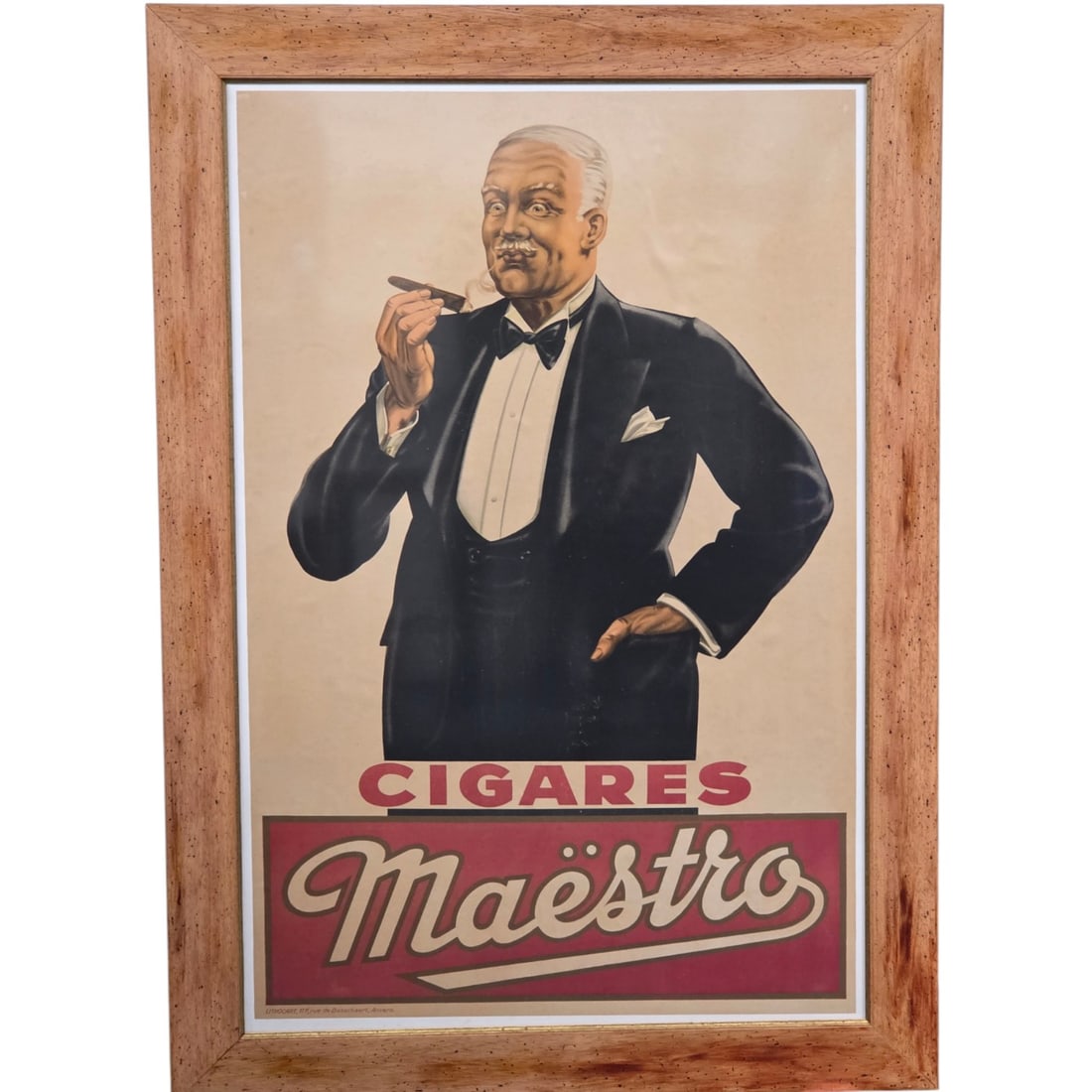 SIGAREN MAESTRO CIGAR POSTER PRINT: Vintage Sigaren Maestro Cigar poster- lithocart, De Bosschaertstraat 117, Antwerpen. Image size 48 H x 31 W. Outside size 56.5 H x 40 W. Under glass with light distressed 4 flat panel frame. Art was