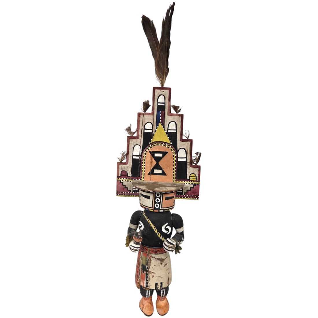 MONUMENTAL VINTAGE HOPI SHALAKO MANA KATSINA: Monumental Vintage Hopi Shalako Mana (Shalako Maiden) Katsina. Standing at a magnificent, exhibition-scale 28.5 inches for the wood sculpture alone, and a monumental 35.5 inches to the top of the
