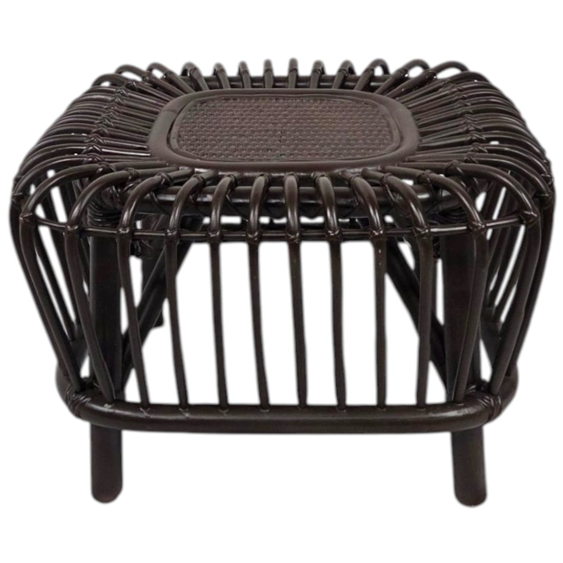 FRANCO ALBINI STYLE RATTAN OTTOMAN: Rattan footstool or ottoman with a dark brown finish, woven top and bentwood base. Measures 20 w x 20 d 13 h. Good condition. (note: woven seat appears lighter in the image than in reality)
