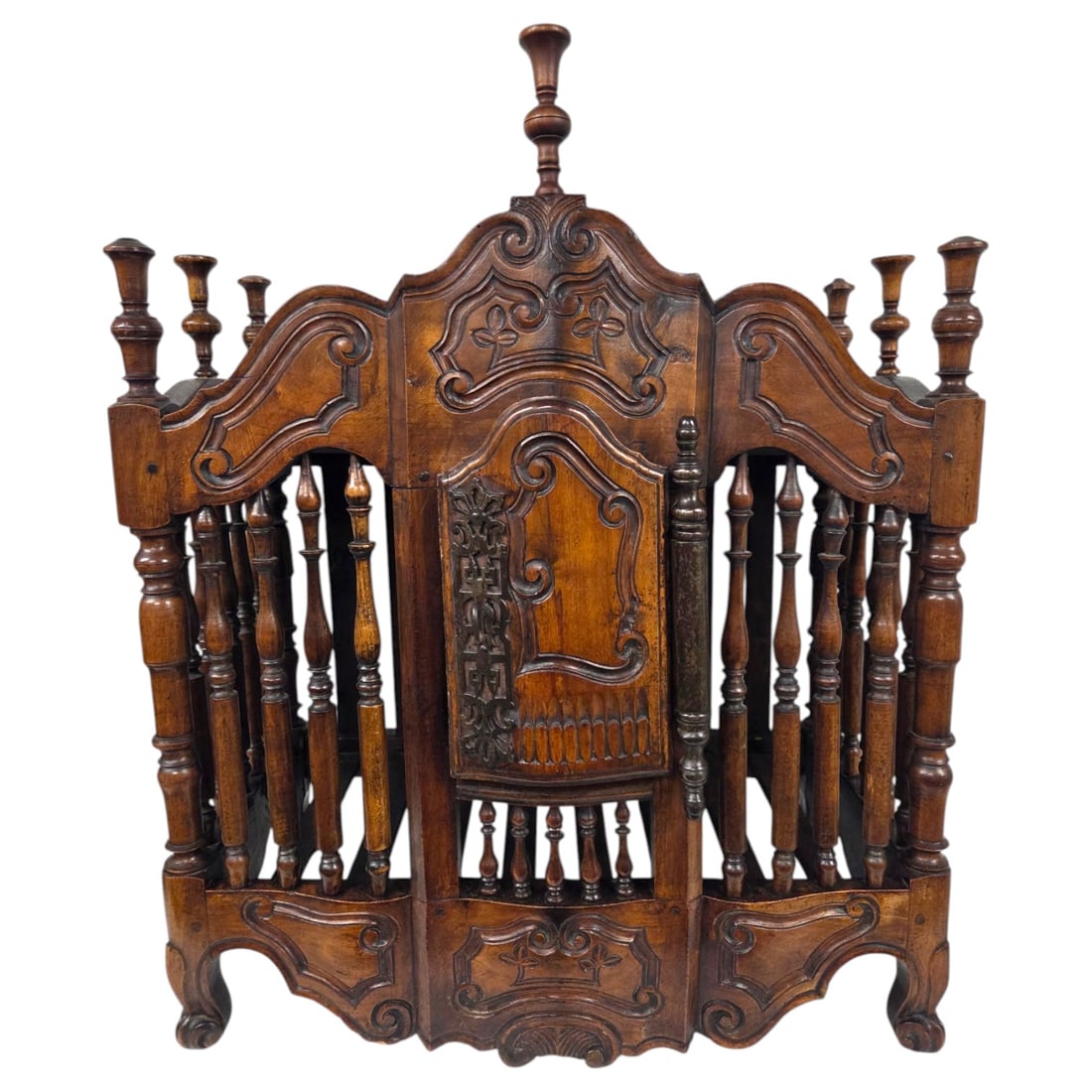 FRENCH CARVED WOOD BREAD BOX: Carved wood French panetiere or bread box. These wood bread boxes were designed for air circulation, keeping the loaves fresh while protecting them from pests. Measures 40 H x 32.5 W x 16 D. Good cond