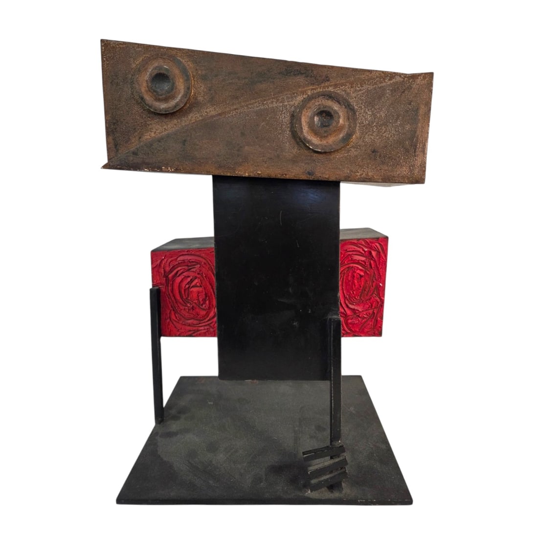 BRUNO GROTH 1968 BRUTALIST ABSTRACT STEEL SCULPTURE: Bruno Herman Groth (German/American, 1905–1991), Brutalist Abstract Figural Sculpture, dated 1968. A compelling mid-century modern freestanding sculptural work executed in welded sheet steel and