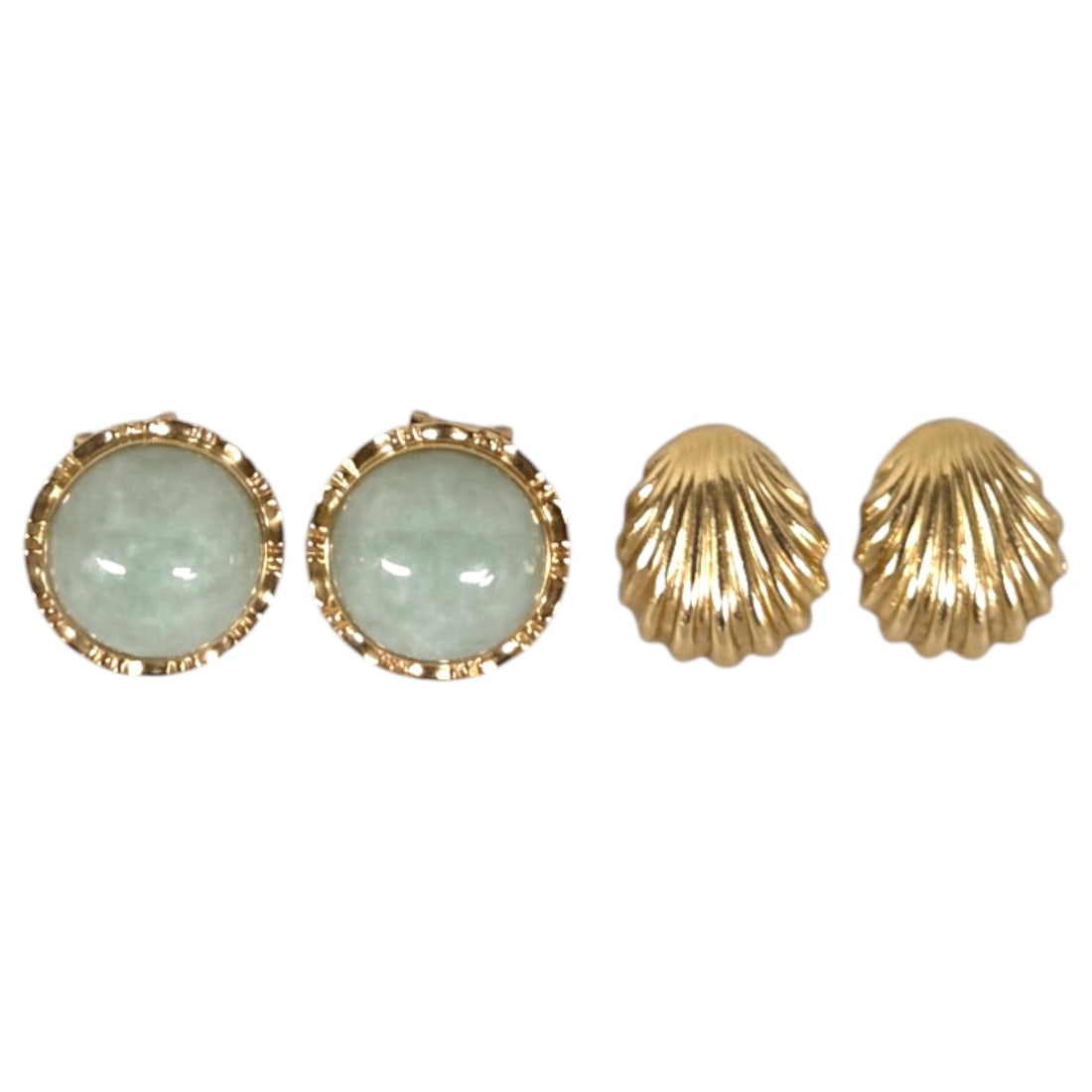 2 PAIR EARRINGS 14 KT GOLD SEA SHELL, 14KT & JADE (1 of 8)