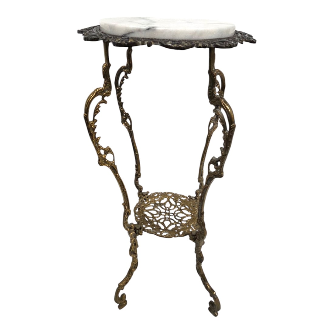 ROUND ART NOUVEAU MARBLE & BRASS PEDESTAL STAND: Round art nouveau marble and brass pedestal or plant stand. Measures 28 H x 14 W. Good condition. See photos.