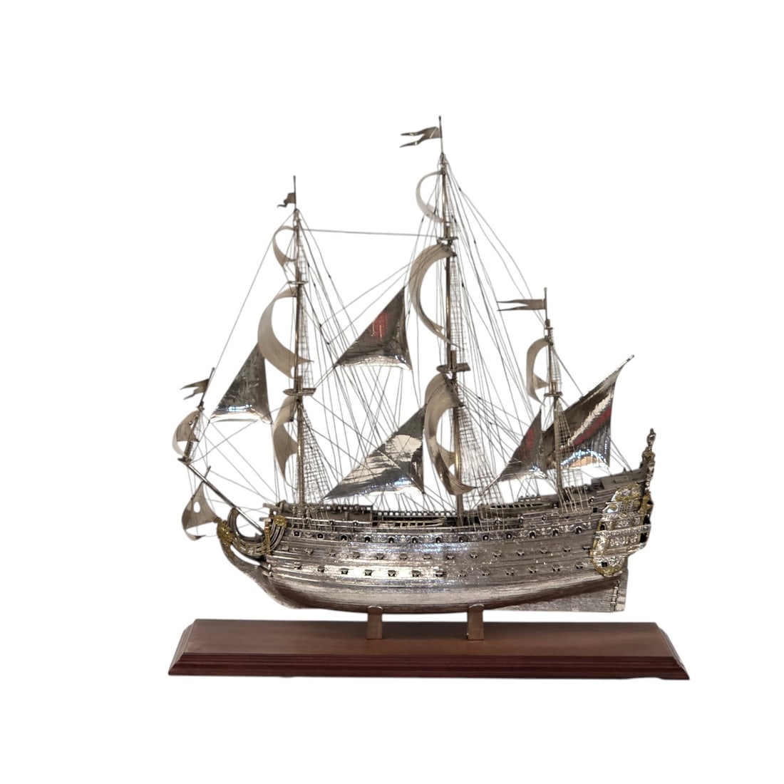 SILVER METAL GALLEON "LE SOLEIL ROYAL" SCULPTURE: An Exceptionally Large and Highly Detailed Silver Metal Scale Model Sculpture of Le Soleil Royal, mid-to-late 20th century. This dramatic presentation model beautifully replicates the legendary French