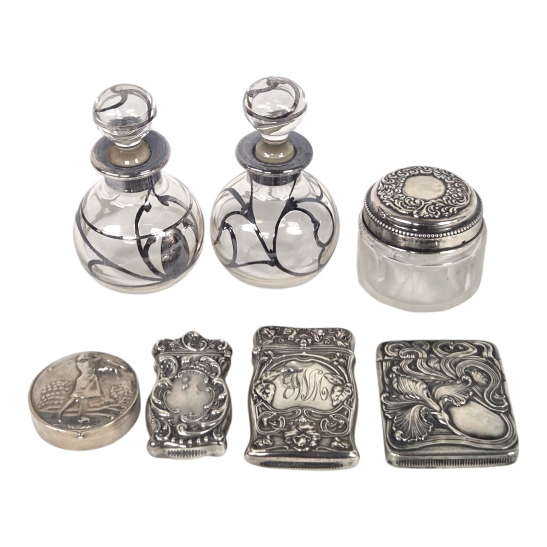 STERLING LOT-MATCH SAFES, SCENT BOTTLES, DRESSER JAR (1 of 20)