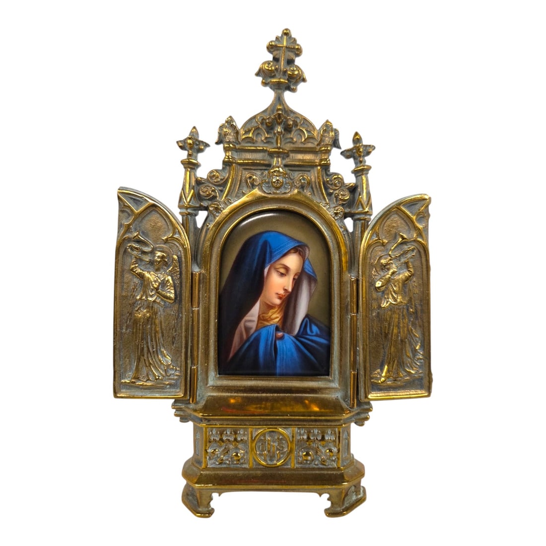 VIRGIN MARY PORTRAIT ON PORCELAIN WITH ALTAR FRAME: Miniature portrait of Mater Dolorosa (Sorrowful Mother) based on a painting by Italian Baroque artist Carlo Dolci. No signature. The frame is gothic style brass triptych reliquary serving as a home al