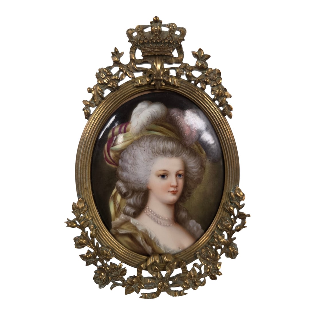 MINIATURE PAINTING ON PORCELAIN MARIE ANTOINETTE: Antique miniature hand-painted portrait painting of Marie Antoinette in ornate framed topped with a crown, Frame has a hook for hanging and a hinged kick stand for table top display. Back has