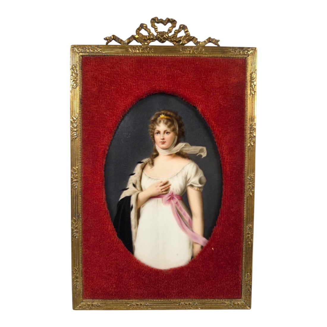 MINIAURE PORCELAIN PORTRAIT QUEEN LOUISE OF PRUSSIA: Hand-painted on porcelain portrait of Queen Louise of Prussia based on a painting by Gustav Richter. No artist signature. Unable to decipher writing on back, There is a sticker indicating the plaque