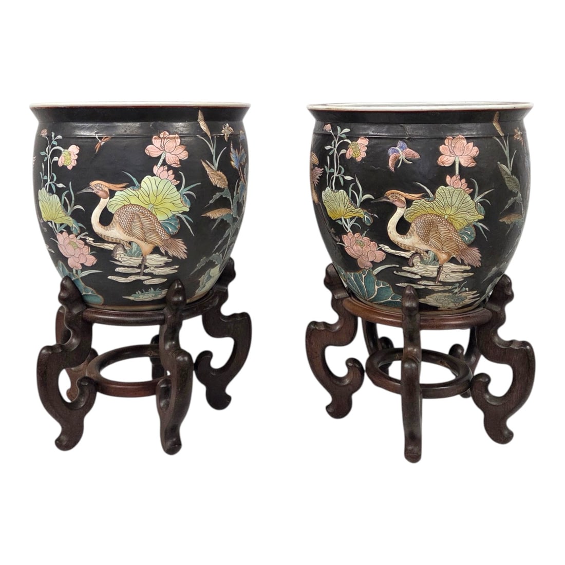PR OF CHINESE PORCELAIN FISH BOWL PLANTERS w/ STANDS: Pair of Chinese porcelain fish bowl planters. Featuring intricate hand-painted detailing with flowers, leaves, and koi fish on a black exterior and white interior. Historically used to house koi durin